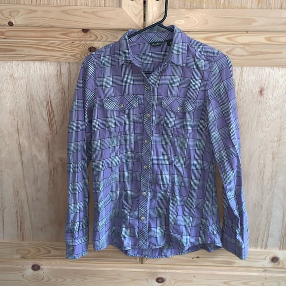 Eddie Bauer Tops - Eddie Bauer purple plaid flannel shirt size XS